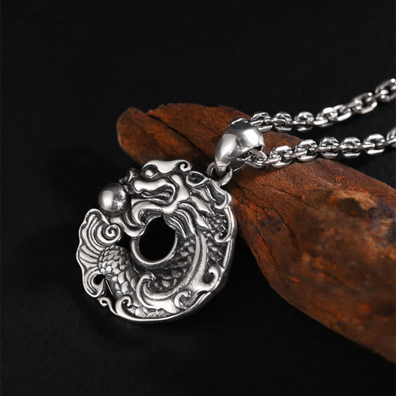 Koi Dragon Peace Buckle - 45-degree tilt highlighting cloud wave pattern border, luck