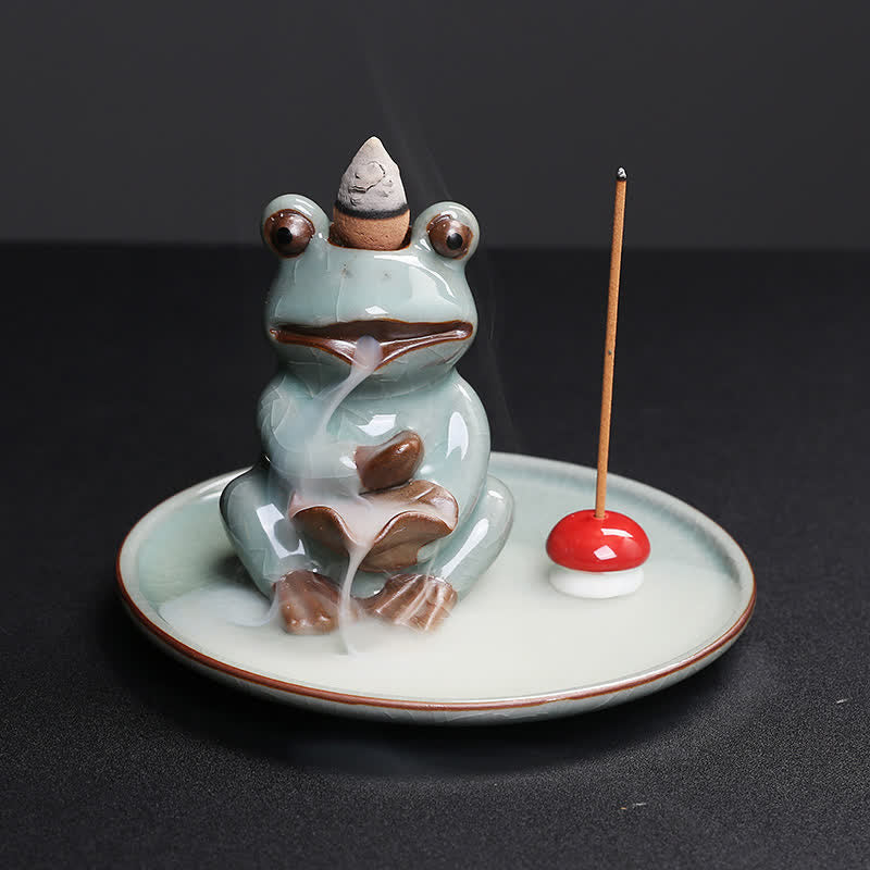 Meditation Frog Ceramic Lotus Incense Burner - Low 3/4 view with smoke cascading from lotus flower, Serene