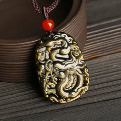 Gold Sheen Obsidian Dragon Pendant – Three-quarter view highlighting chatoyant golden sheen on carved relief, luxurious