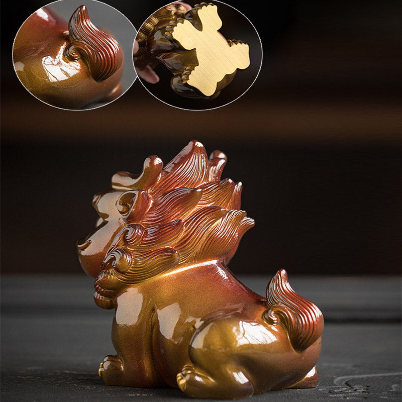 Small PiXiu Tea Pet – Back view of gold PiXiu with tail and base detail insets, craftsmanship