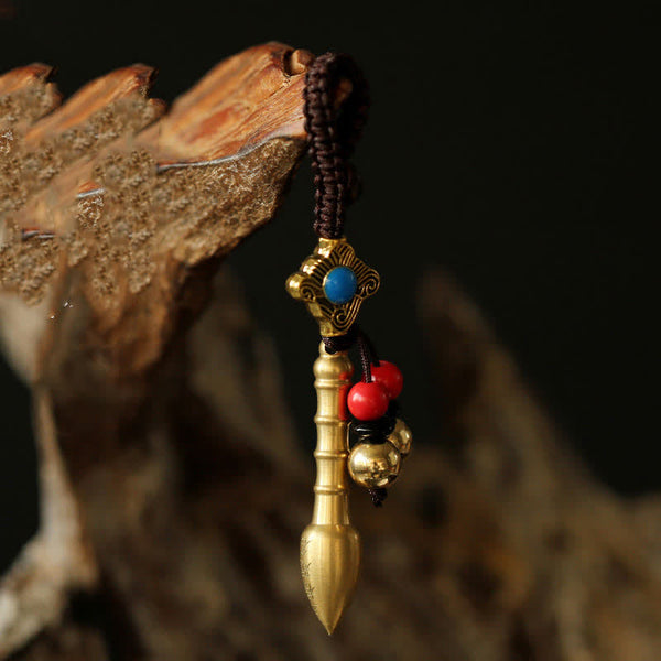 Feng Shui Yin Yang Bagua Keychain - Brass brush pendant with turquoise stone and red bead tassels, feng shui