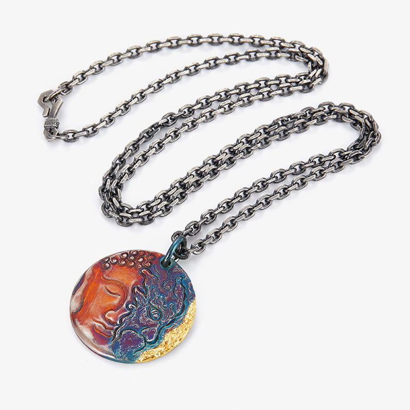 999 Sterling Silver 24K Gold Half Demon Half Buddha Compassion Necklace Pendant – Back pattern detail, reversible design art