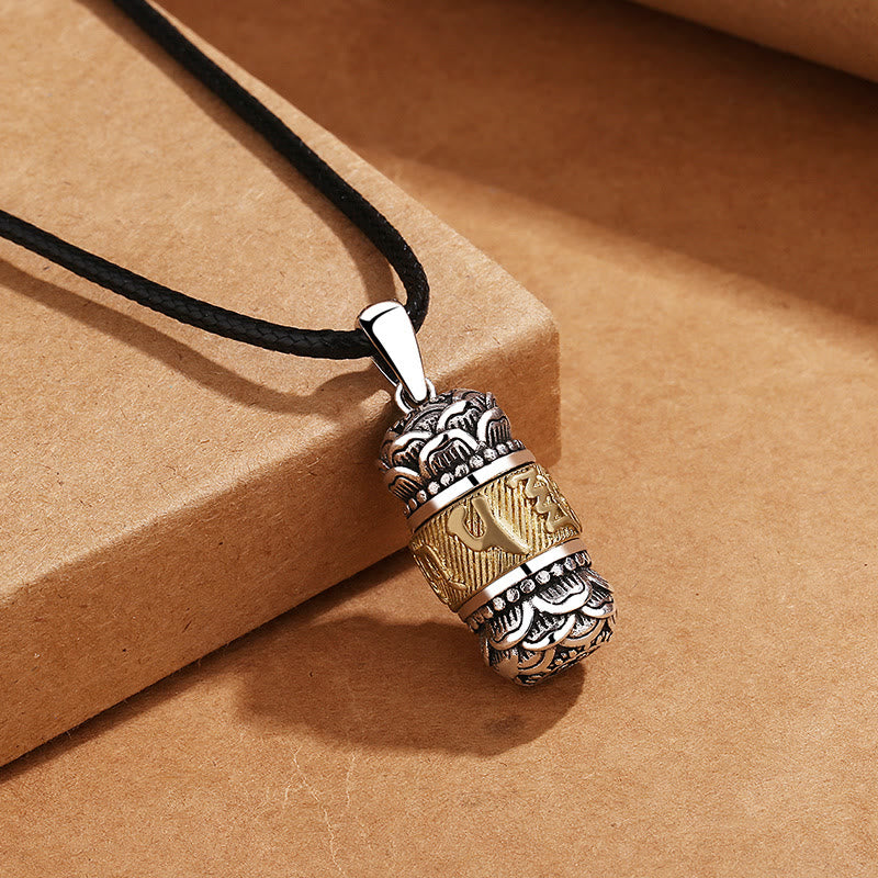 Om Mani Padme Hum Pendant – Three-quarter view on leather cord with lotus caps, Tibetan jewelry