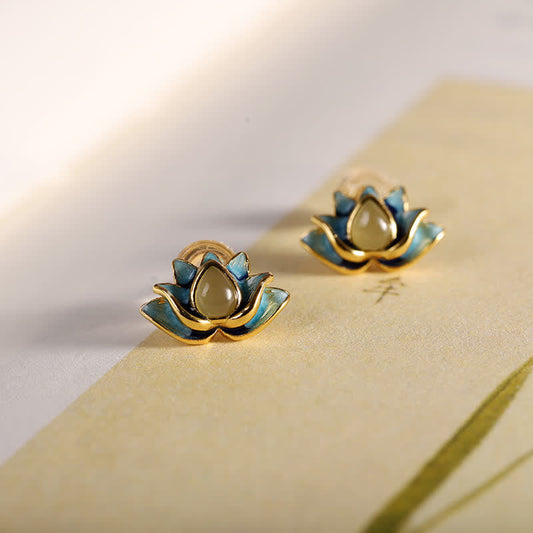 Hetian Cyan Jade Lotus Earrings - Lotus stud on botanical paper with soft focus, cyan jade earrings