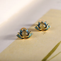 Hetian Cyan Jade Lotus Earrings - Lotus stud on botanical paper with soft focus, cyan jade earrings