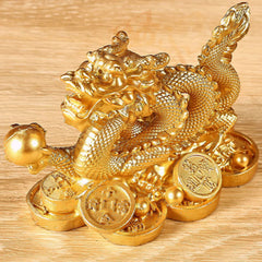 Dragon Copper Coin Decoration - Golden dragon figurine with scattered lucky coins, fortune charm