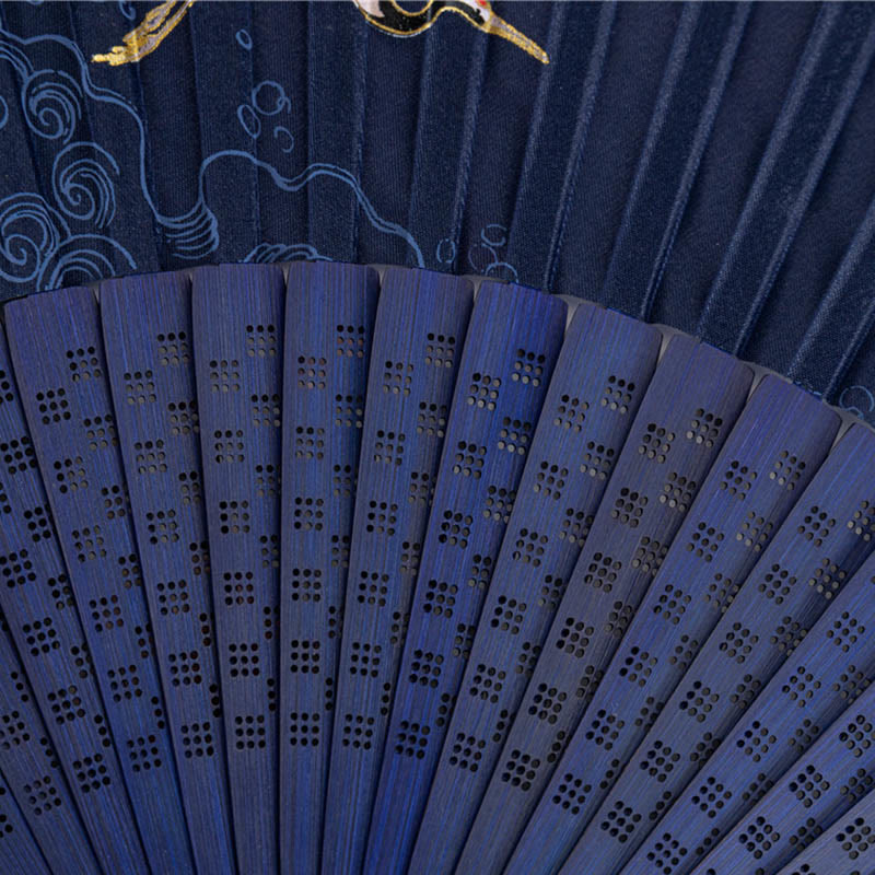 Folding Fan Ribs – Close-up of navy bamboo ribs with wave patterns and lattice cutouts, bamboo fan