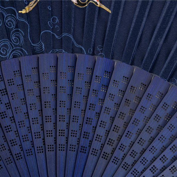 Folding Fan Ribs – Close-up of navy bamboo ribs with wave patterns and lattice cutouts, bamboo fan