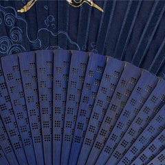 Folding Fan Ribs – Close-up of navy bamboo ribs with wave patterns and lattice cutouts, bamboo fan