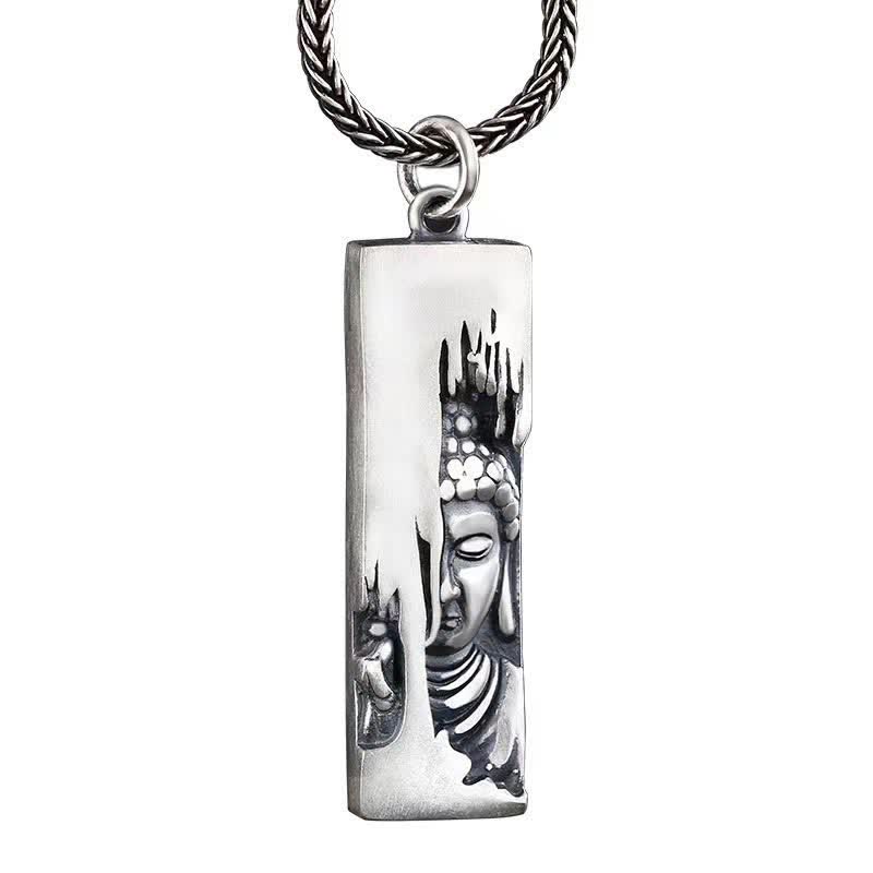 Tathagata Buddha Copper Amulet Necklace – Buddha pendant closeup on braided silver chain white background, macro carve