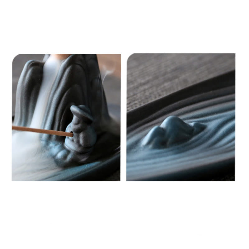 Double Koi Fish Mountain Incense Burner - mountain backflow burner close-up with smoke waterfall effect