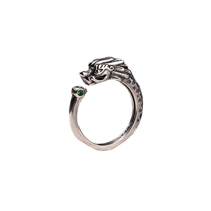 Vintage Dragon Design Ring - Silver dragon open ring with scale band and green gem on white, Power