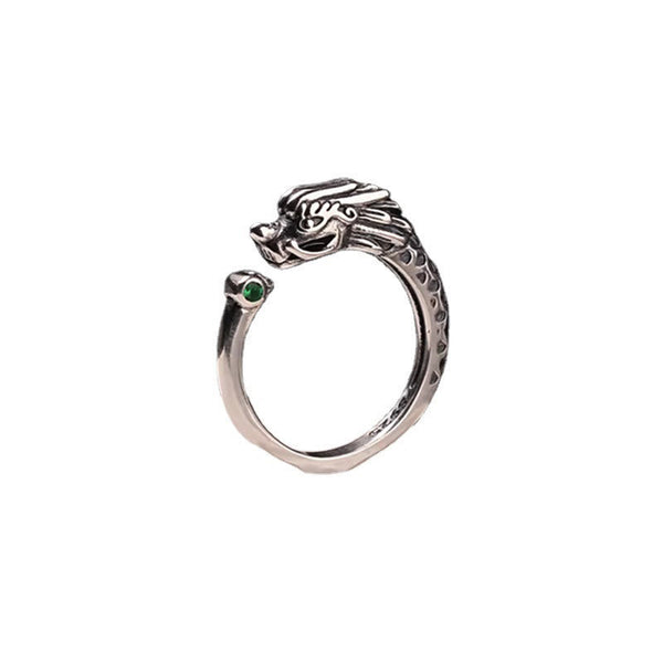 Vintage Dragon Design Ring - Silver dragon open ring with scale band and green gem on white, Power