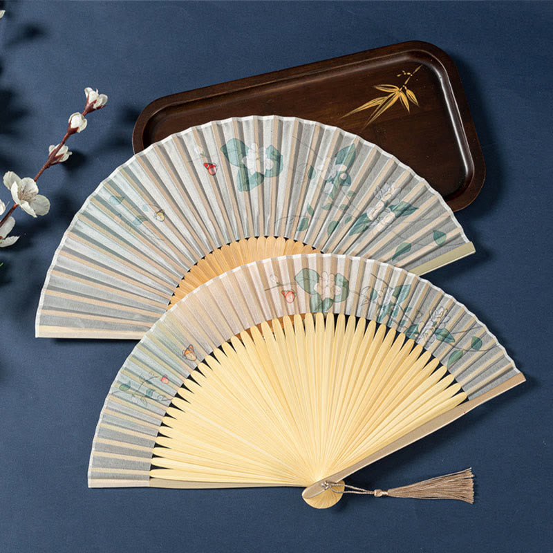 Lotus Begonia Jasmine Handheld Bamboo Folding Fan - lotus bamboo and jasmine on gray silk, emerald tassel