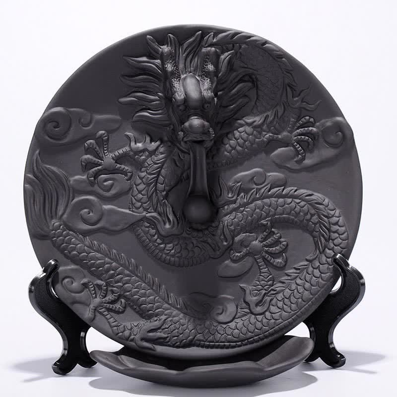 Black Dragon Ceramic Backflow Burner front view, white background, ornate stand, meditation altar piece