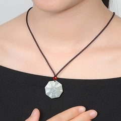 Natural Jade Bagua Yin Yang Luck Necklace - Jade bagua pendant necklace worn on model, spiritual balance jewelry lifestyle