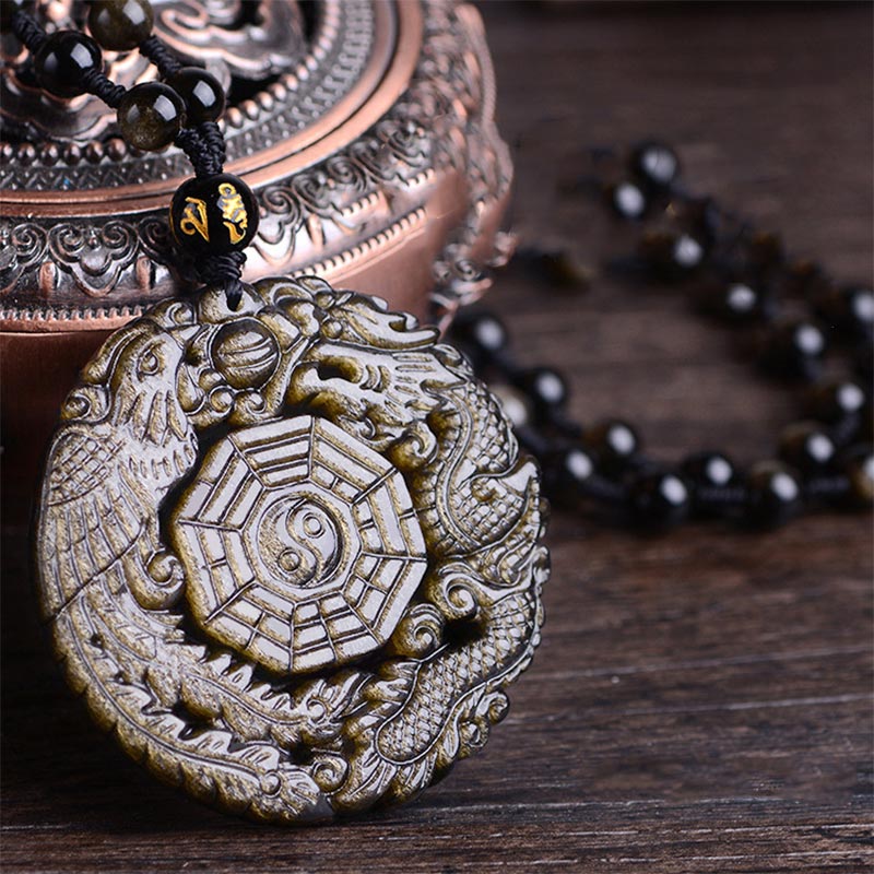 Golden Obsidian Pendant Necklace – Yin Yang Bagua with dragon phoenix on cord, feng shui amulet