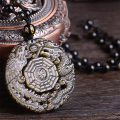 Golden Obsidian Pendant Necklace – Yin Yang Bagua with dragon phoenix on cord, feng shui amulet