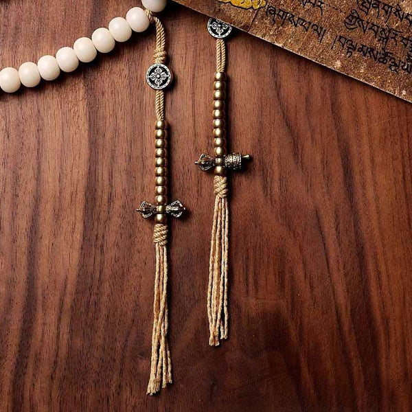 108 Mala Beads Bracelet – Dual tassels with vajra charms, cream beads
