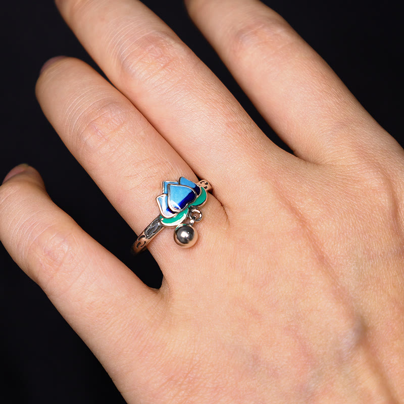 Lotus Flower Copper Ring - copper tone lotus with blue petals worn on hand, spiritual jewelry