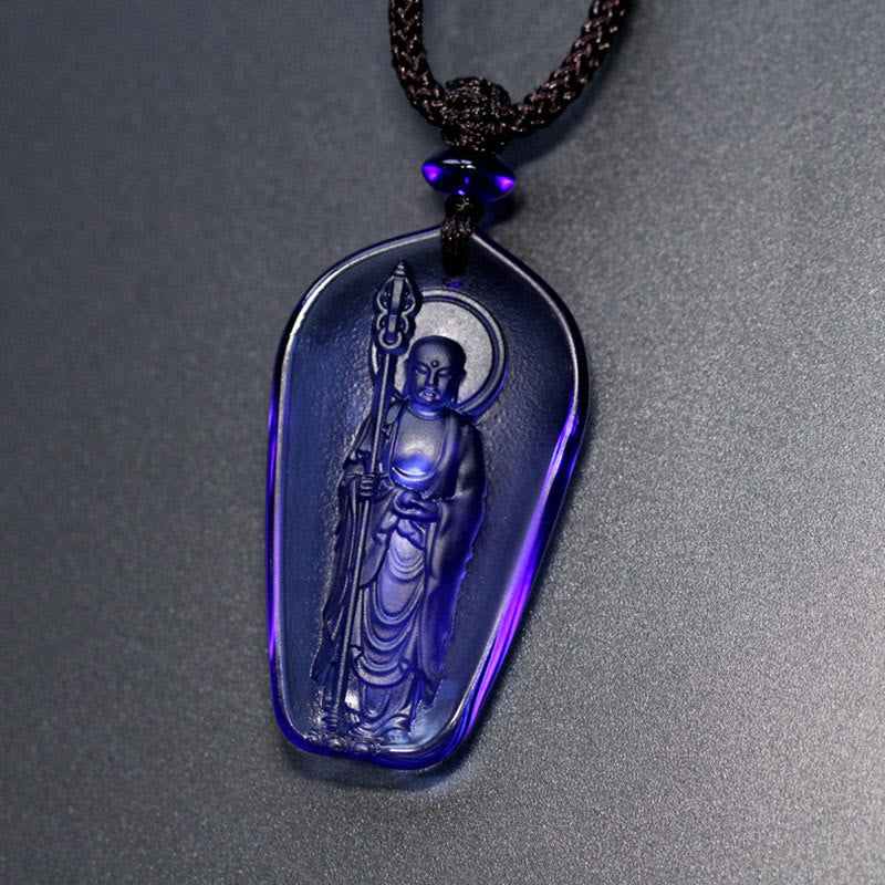 Ksitigarbha Buddha Liuli Crystal Necklace - Blue standing Buddha crystal amulet staff detail, Zen gift