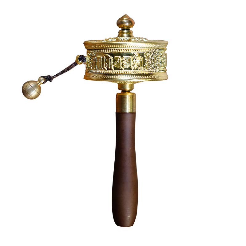 Sandalwood Tibetan Prayer Wheel – Golden brass cylinder with Tibetan mantra on dark wood handle with cord counterweight, p...