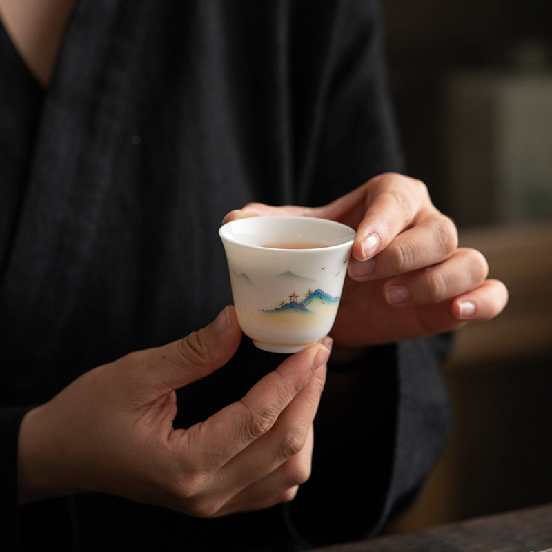 Ceramic Kung Fu Tea Cup – product shot with dimensions 4.8cm x 5.7cm, 55ml, gold-traced mountains, collectible