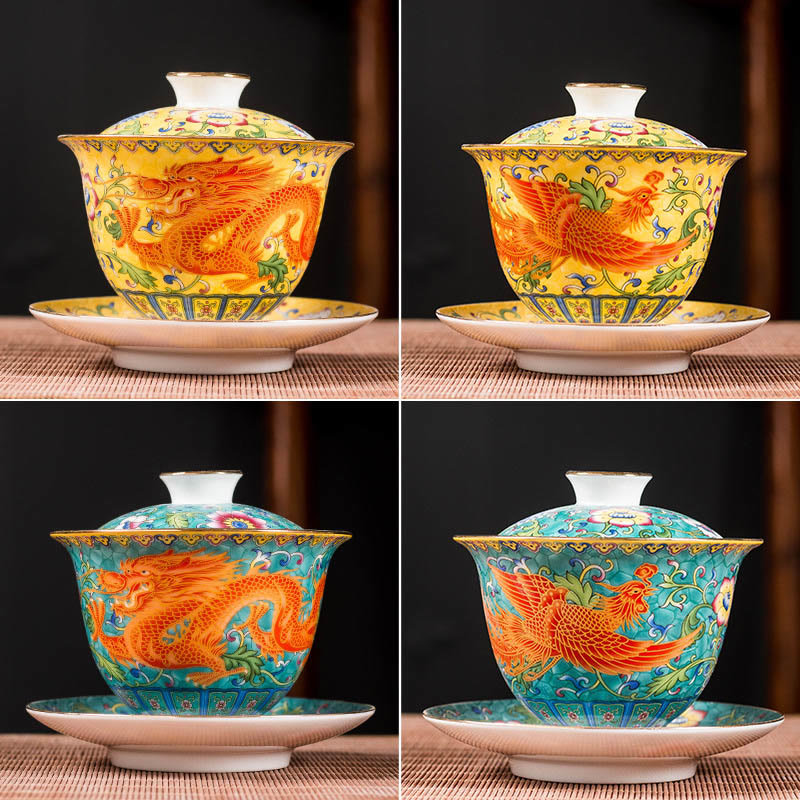 Dragon Phoenix Flower Gaiwan Tea Set – Four gaiwan variations grid, yellow and turquoise dragon phoenix motifs