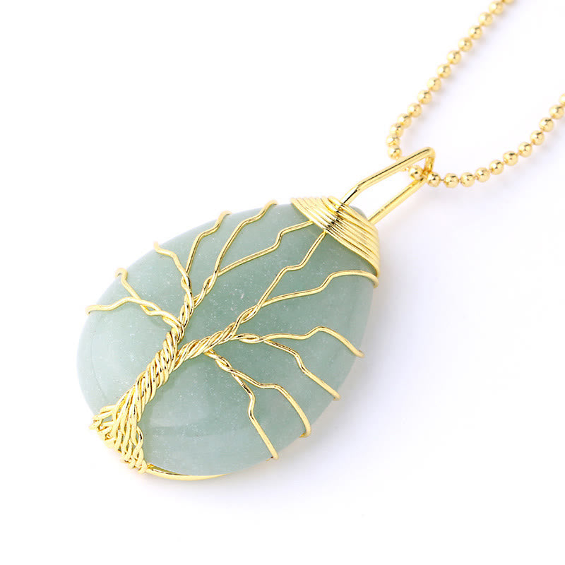 Quartz Crystal Tree of Life Necklace – green aventurine pendant, gold wire tree, three-quarter, prosperity