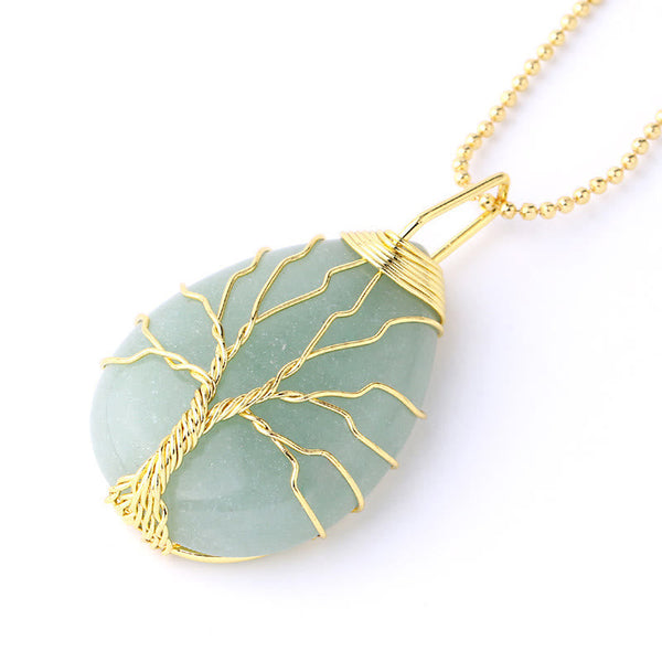 Quartz Crystal Tree of Life Necklace – green aventurine pendant, gold wire tree, three-quarter, prosperity