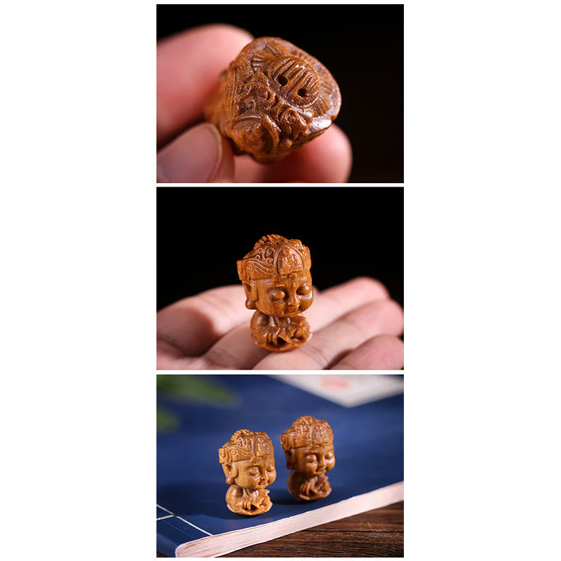 Chinese Zodiac Green Sandalwood Buddha – three-panel view of carved figurine on blue book, Artisanal