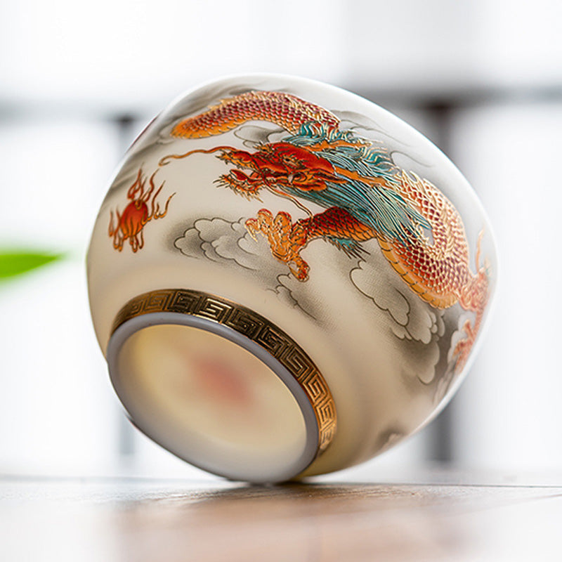 Dragon Phoenix Clouds Ceramic Teacup Gift Set – Gold and orange dragon with turquoise mane, meander band, gray box