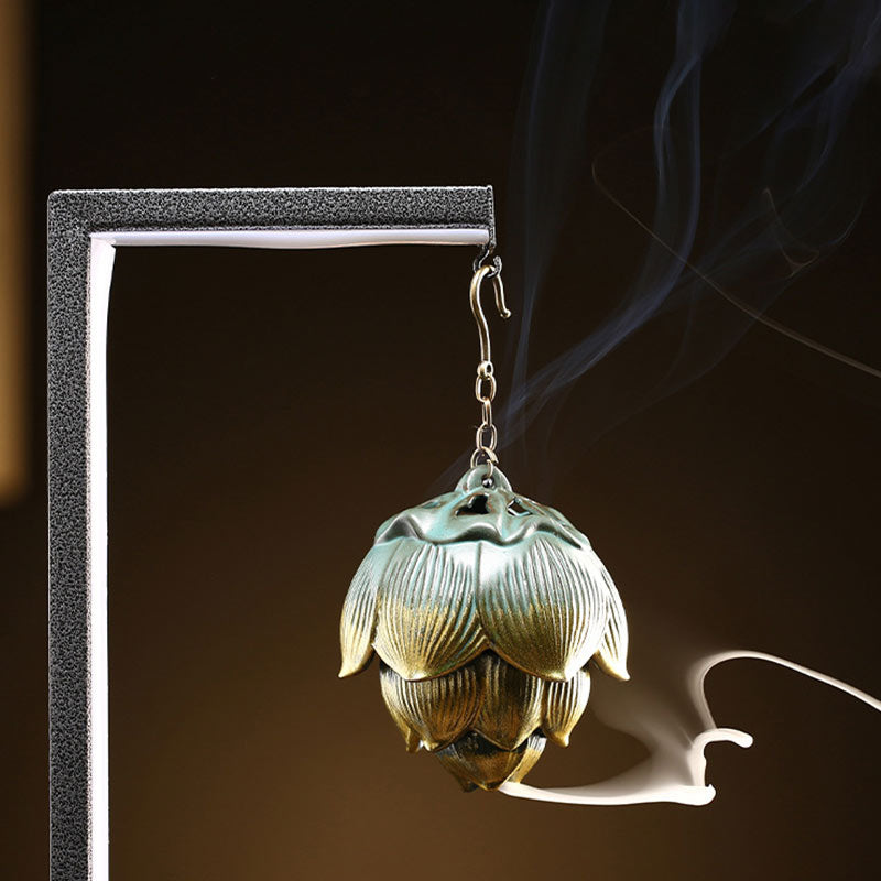 Lotus Hanging Incense Burner - Verdigris bud on metal stand with waterfall smoke, LED-lit display, zen decor