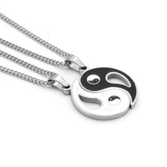 Yin Yang Pendant Couple Necklace Set - Split yin-yang pendant halves on silver curb chains, matching couples necklace jewelry