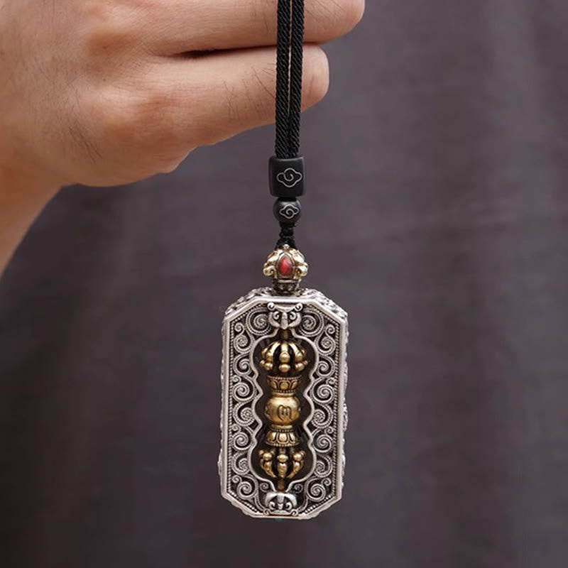 Dorje Vajra Rope Pendant – Straight-on view held by cord, detailed scrollwork border, Himalayan jewelry