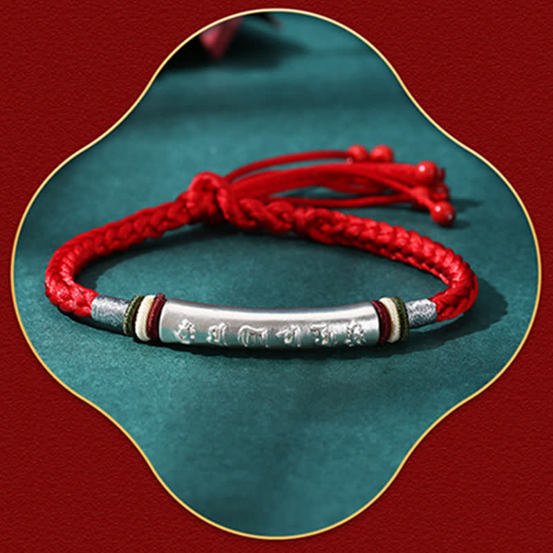 Om Mani Padme Hum Red String Bracelet – Red cord with silver mantra tube in decorative frame
