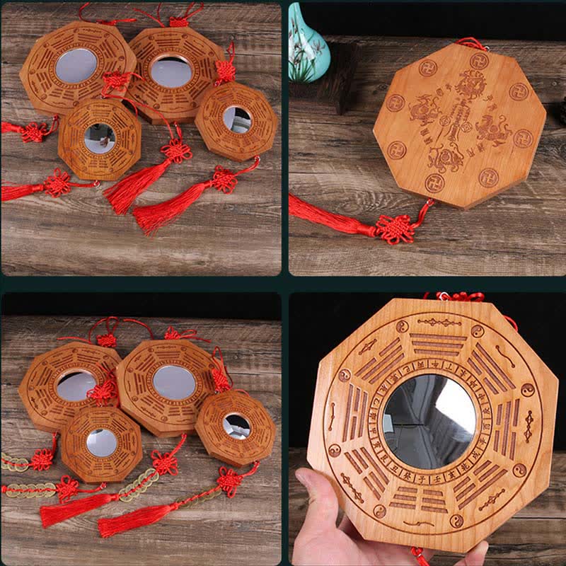 Peach Wood Bagua Map - 13cm bagua mirror with trigram engravings and red tassel on dark wood, 13cm size