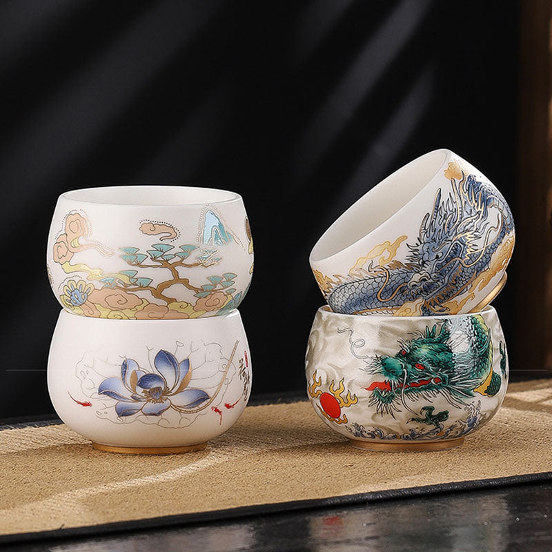 Dragon Cicada Ceramic Tea Bowl - stacked four: pine, blue lotus, green and blue dragon designs with gold accents