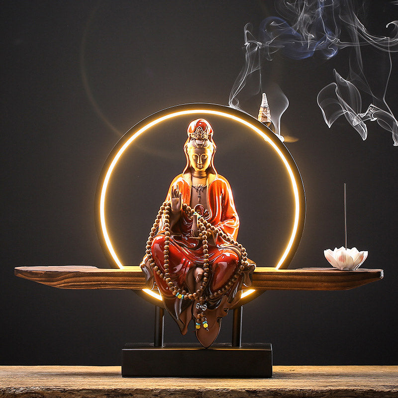 Buddha Avalokitesvara Ceramic Lotus Relaxation Incense Burner – Sacred Guanyin with lotus detail, serenity incense gift