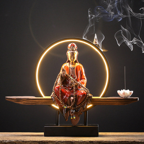 Buddha Avalokitesvara Ceramic Lotus Relaxation Incense Burner – Sacred Guanyin with lotus detail, serenity incense gift