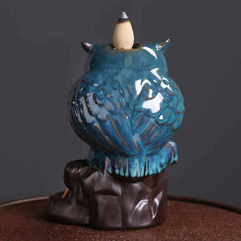 Owl Backflow Incense Burner - rear view showing feather texture and cone holder