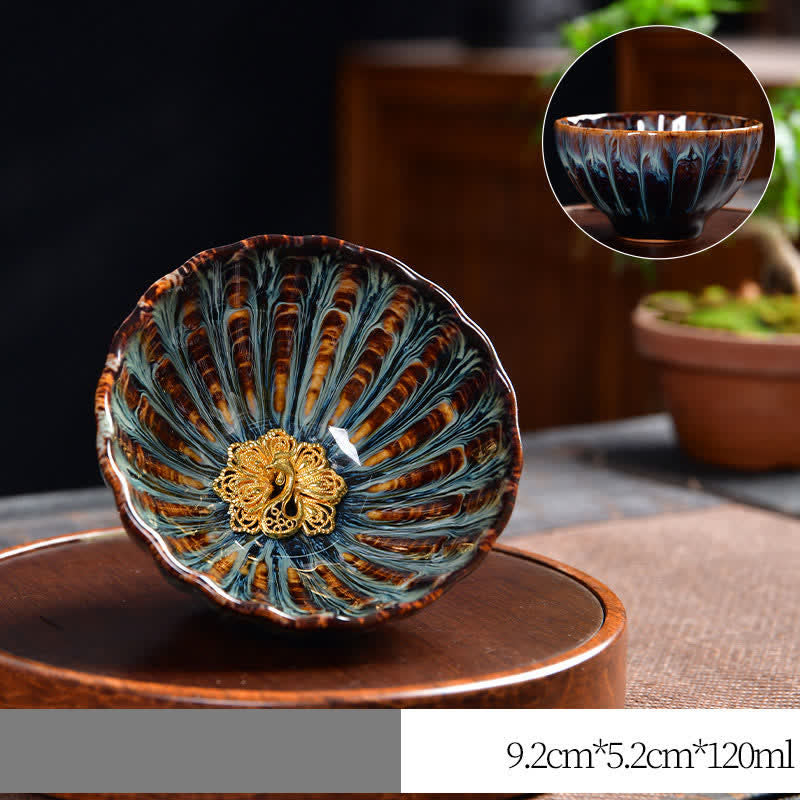 Lotus Peacock Dragon Phoenix Koi Fish Ceramic Teacup – paired with tea saucer, complete tea set display