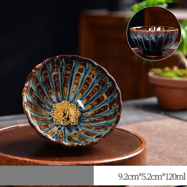 Lotus Peacock Dragon Phoenix Koi Fish Ceramic Teacup – paired with tea saucer, complete tea set display
