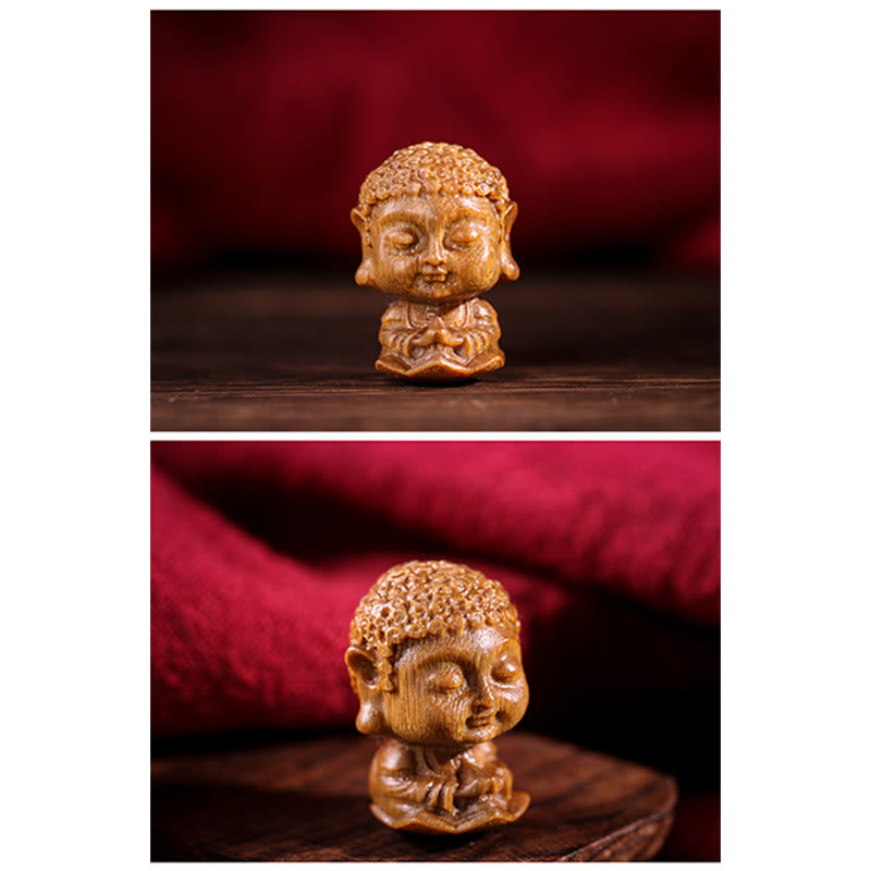 Chinese Zodiac Green Sandalwood Buddha – two-panel carved Buddha on burgundy fabric, Tranquil