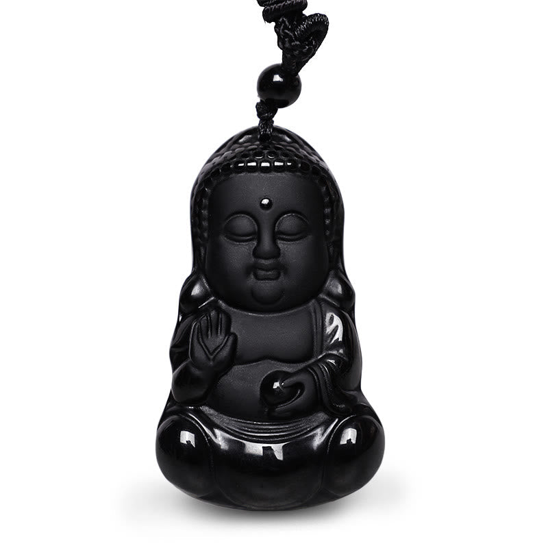 Black Obsidian Buddha Pendant - polished black stone meditating Buddha on adjustable black cord, front studio, Grounding