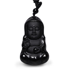 Black Obsidian Buddha Pendant - polished black stone meditating Buddha on adjustable black cord, front studio, Grounding