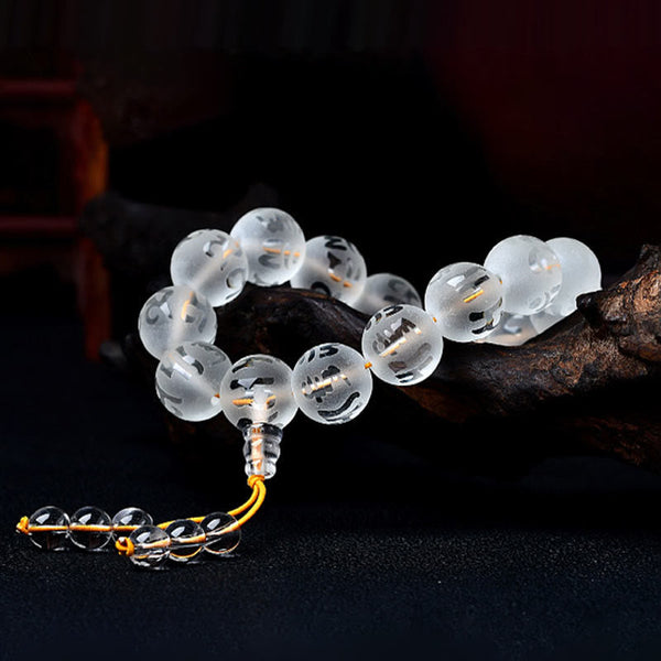 White Crystal Om Mani Padme Hum Bracelet – relaxed loop on driftwood, mantra engraved beads