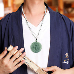 Dragon Jade Fortune Necklace – Green jade dragon pendant styled with embroidered robe, Prosperity