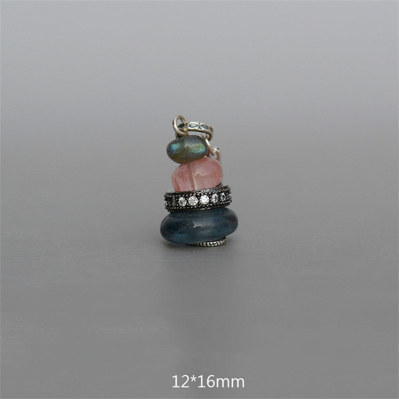 Zen Cairn Crystal Pendant – labradorite rose quartz blue gemstone stack with pave ring, crystal jewelry