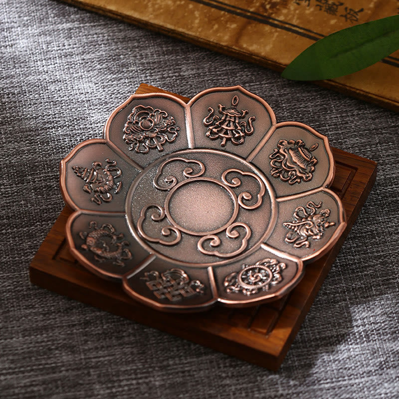 Auspicious Symbols Lotus Burner – bronze lotus petals with sacred Dharma motifs, spiritual